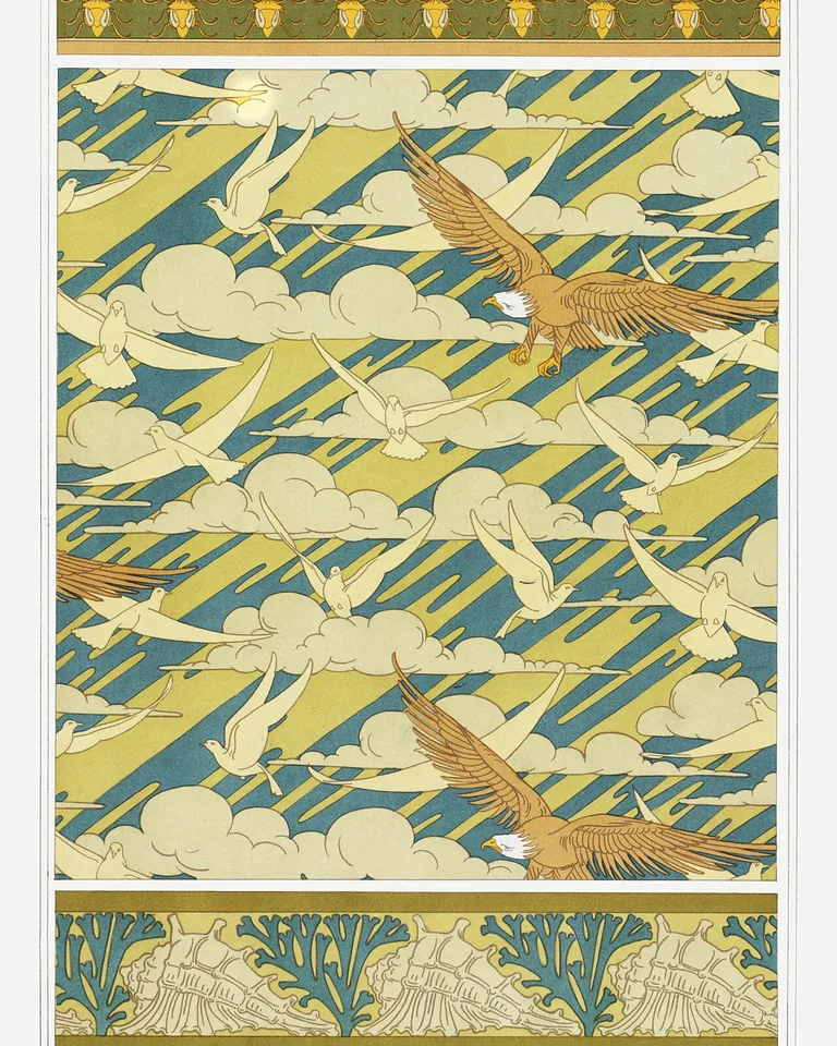 Vintage built-in shelves with faded bird wallpaper print