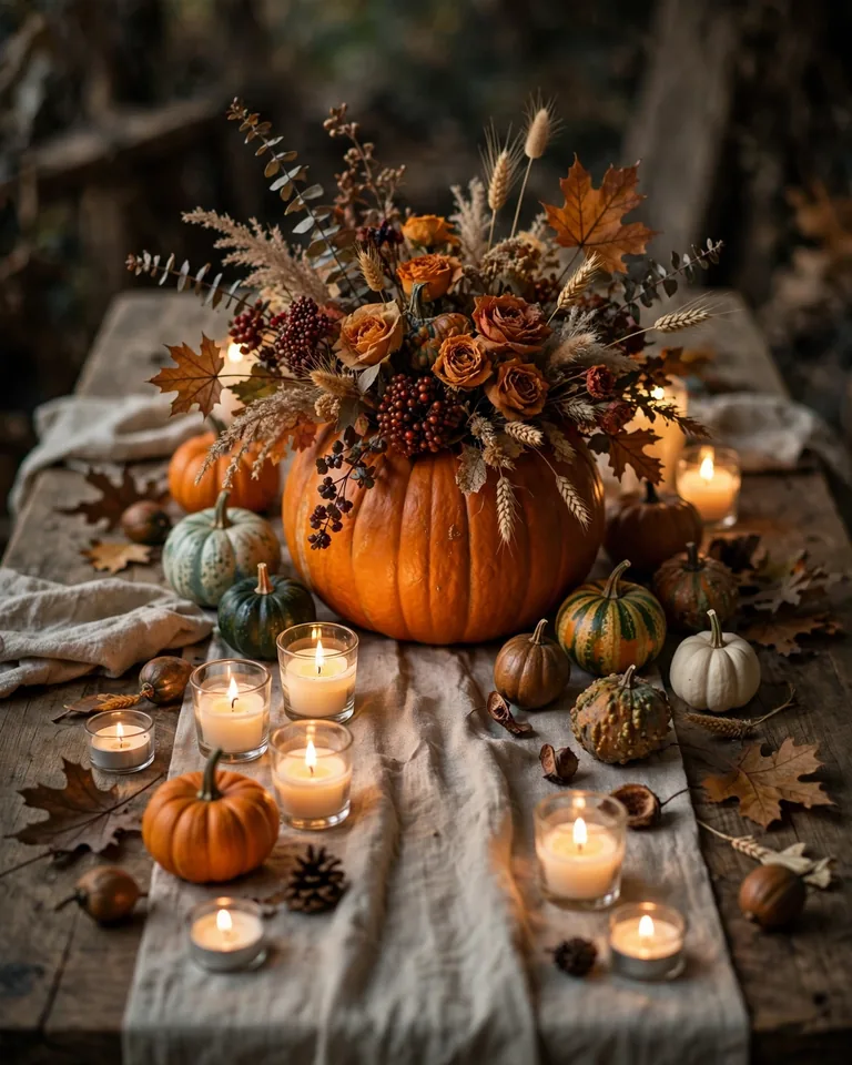 12 Modern Thanksgiving Tablescapes You'll Want to Copy 16 Pumpkin table centerpiece with autumn flowers and candles