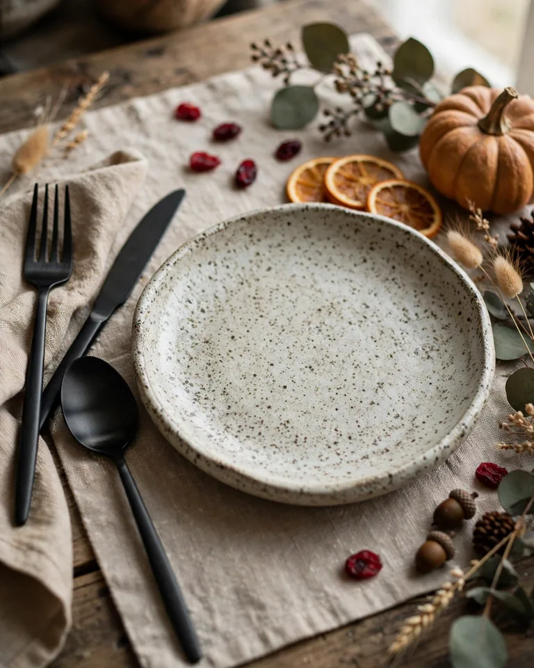 12 Modern Thanksgiving Tablescapes You'll Want to Copy 5 Modern table setting with matte black flatware and stoneware plates