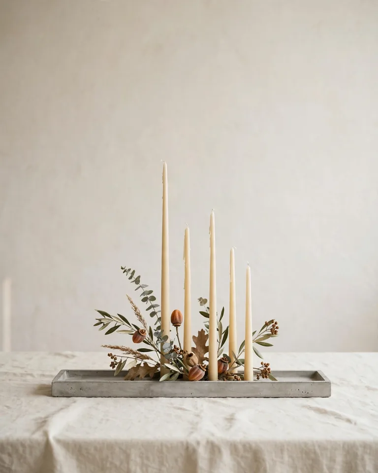 12 Modern Thanksgiving Tablescapes You'll Want to Copy 4 Minimalist Thanksgiving centerpiece with sculptural candles on a stone tray