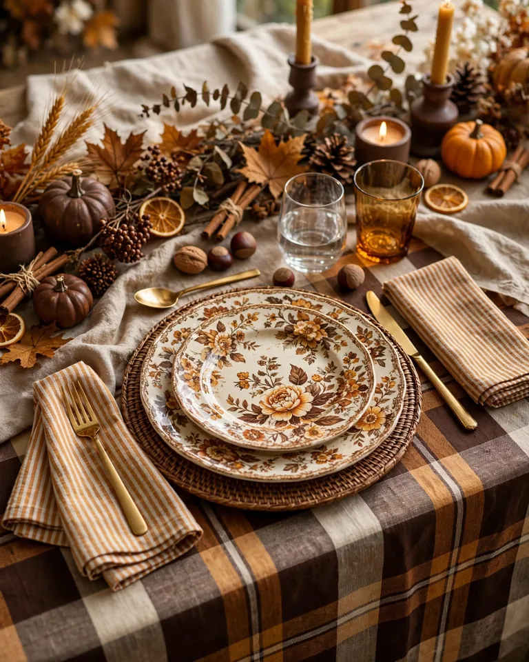12 Modern Thanksgiving Tablescapes You'll Want to Copy 11 Thanksgiving table layering plaid, floral, and striped patterns