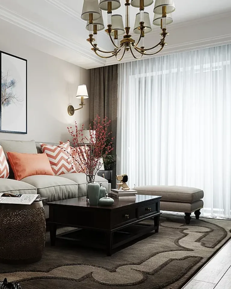 Warm taupe living room with painted ceiling detail