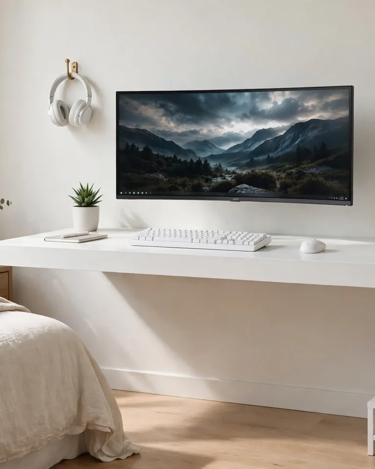 12 White Gaming Setup Ideas That Look Clean Without Feeling Boring 8 Wall mounted floating white desk gaming station with open floor