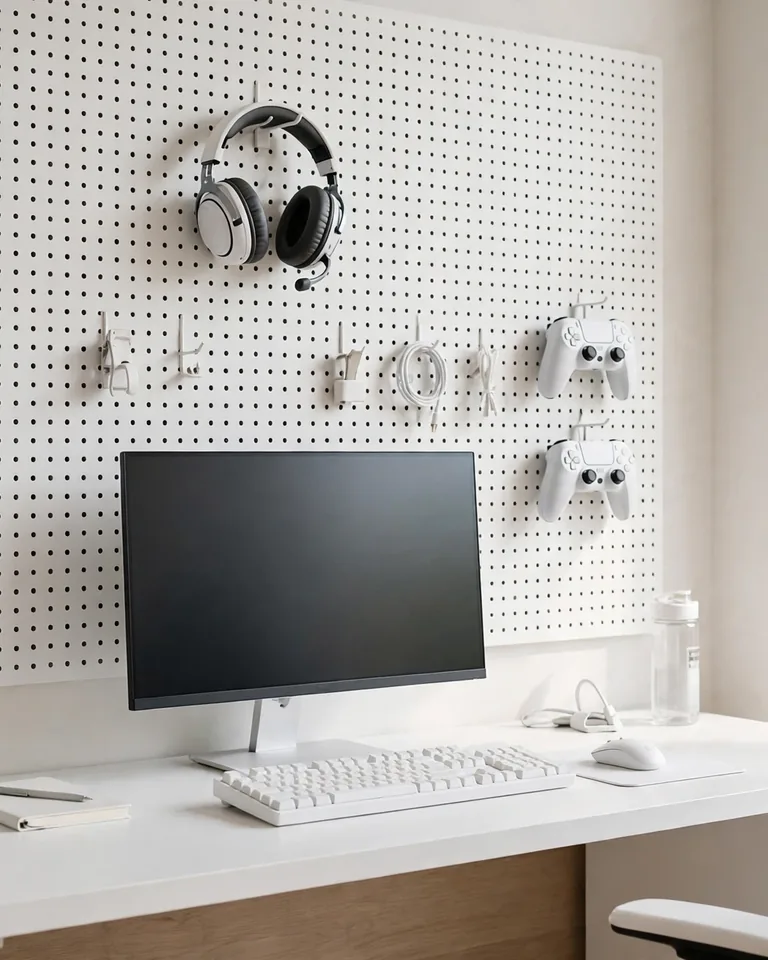 12 White Gaming Setup Ideas That Look Clean Without Feeling Boring 9 White pegboard wall organizing gaming accessories behind desk