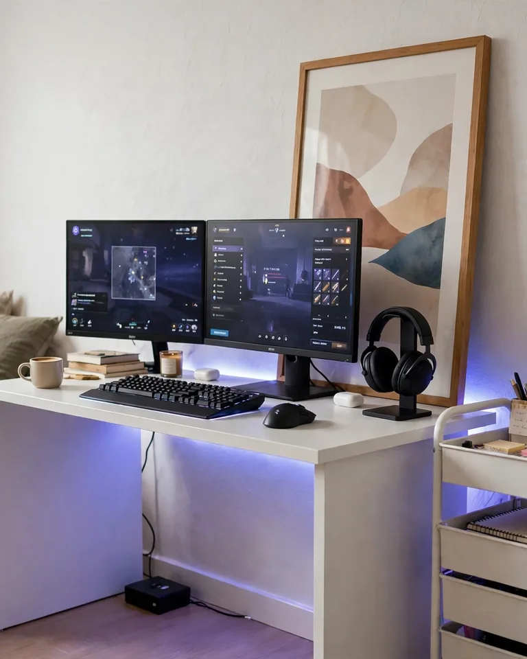 12 White Gaming Setup Ideas That Look Clean Without Feeling Boring 14 Small apartment gaming corner styled with no-drill accessories
